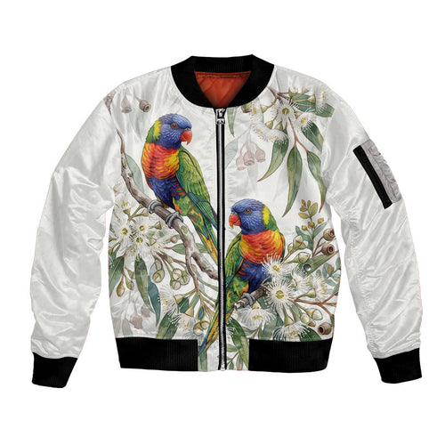 Australia Rainbow Lorikeets White Eucalyptus Blossoms Sleeve Zip Bomber Jacket