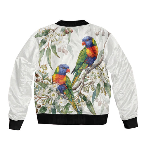 Australia Rainbow Lorikeets White Eucalyptus Blossoms Sleeve Zip Bomber Jacket