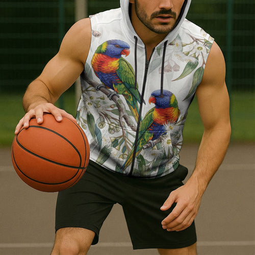 Australia Rainbow Lorikeets White Eucalyptus Blossoms Sleeveless Zip Hoodie