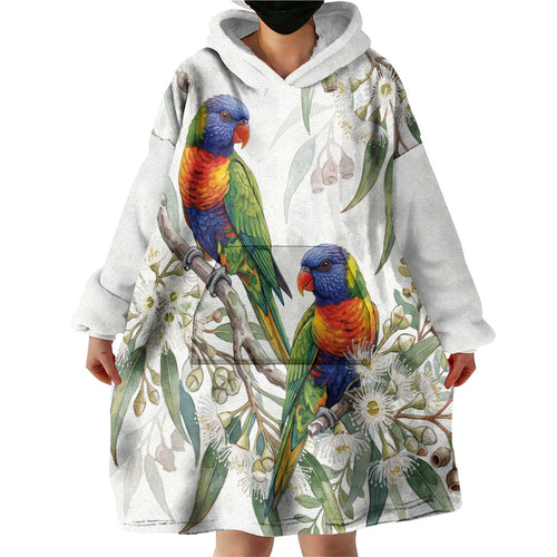 Australia Rainbow Lorikeets White Eucalyptus Blossoms Wearable Blanket Hoodie