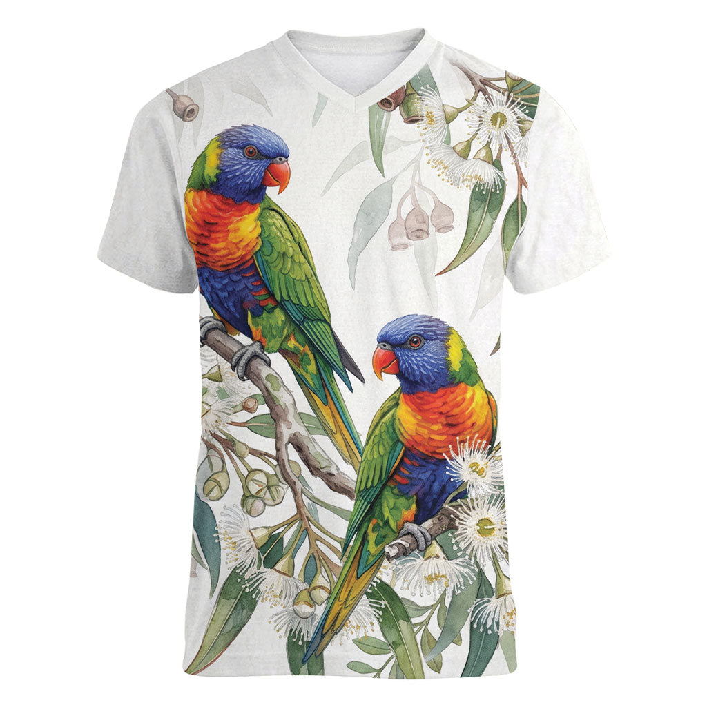Australia Rainbow Lorikeets White Eucalyptus Blossoms Women V-Neck T-Shirt