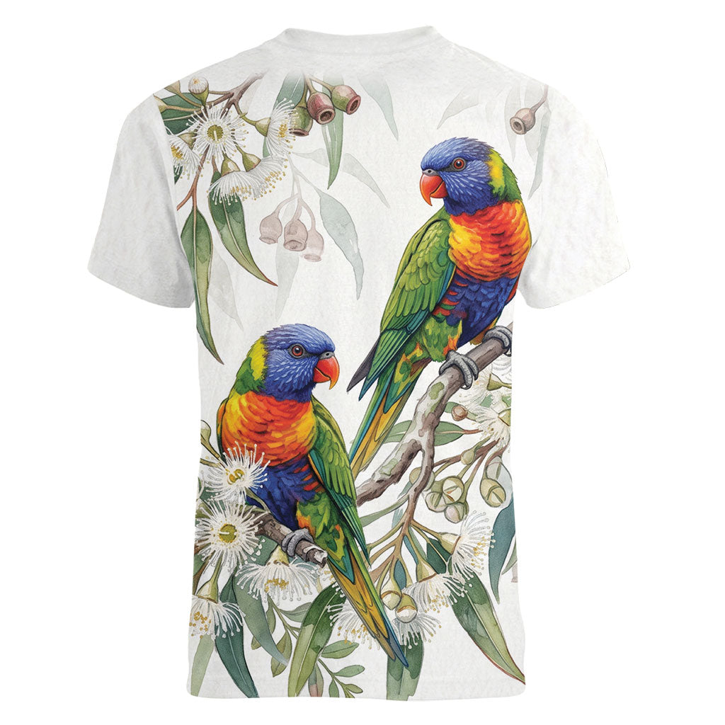 Australia Rainbow Lorikeets White Eucalyptus Blossoms Women V-Neck T-Shirt