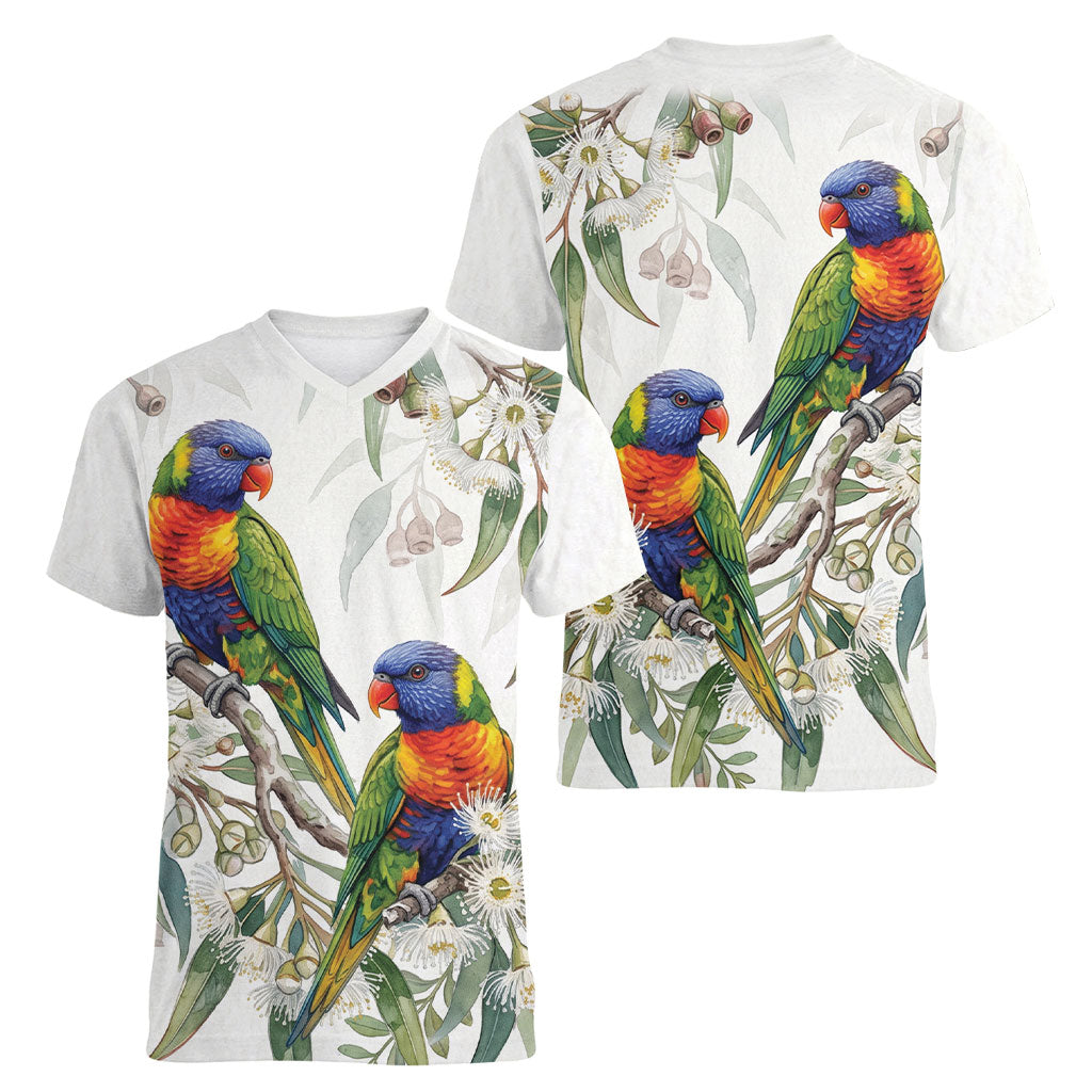 Australia Rainbow Lorikeets White Eucalyptus Blossoms Women V-Neck T-Shirt