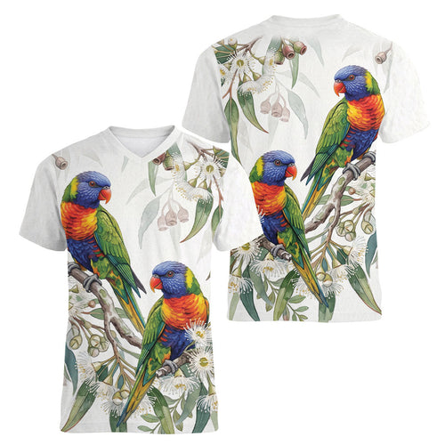 Australia Rainbow Lorikeets White Eucalyptus Blossoms Women V-Neck T-Shirt