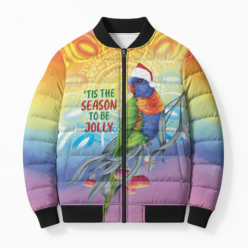 Rainbow Lorikeets Australia Christmas Bomber Puffer Jacket Eucalyptus Blossoms Aboriginal Art