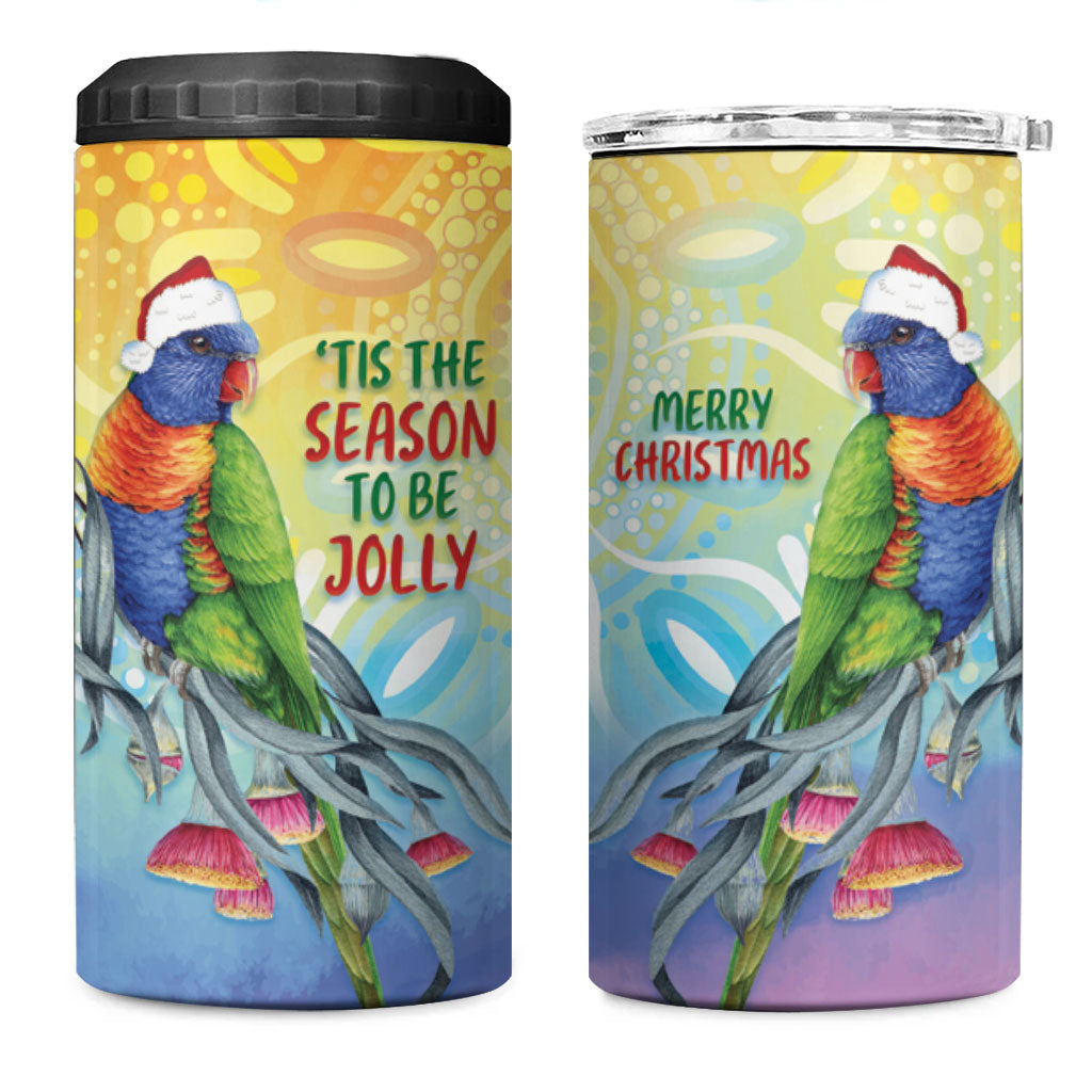 Rainbow Lorikeets Australia Christmas 4 in 1 Can Cooler Tumbler Eucalyptus Blossoms Aboriginal Art