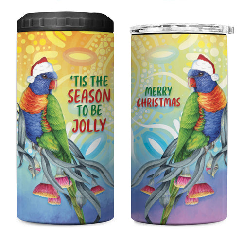 Rainbow Lorikeets Australia Christmas 4 in 1 Can Cooler Tumbler Eucalyptus Blossoms Aboriginal Art