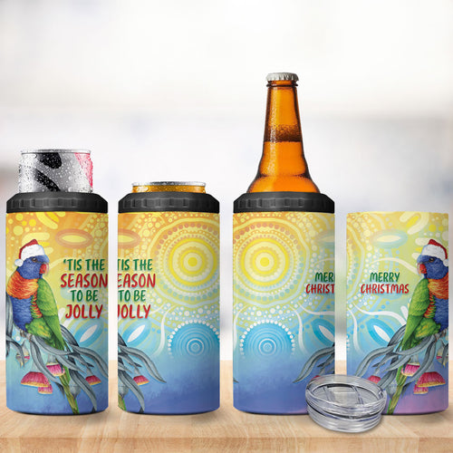 Rainbow Lorikeets Australia Christmas 4 in 1 Can Cooler Tumbler Eucalyptus Blossoms Aboriginal Art