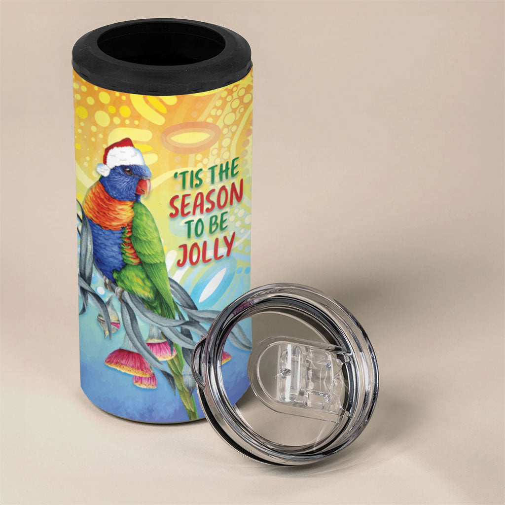 Rainbow Lorikeets Australia Christmas 4 in 1 Can Cooler Tumbler Eucalyptus Blossoms Aboriginal Art