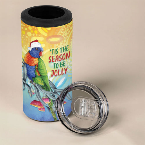Rainbow Lorikeets Australia Christmas 4 in 1 Can Cooler Tumbler Eucalyptus Blossoms Aboriginal Art