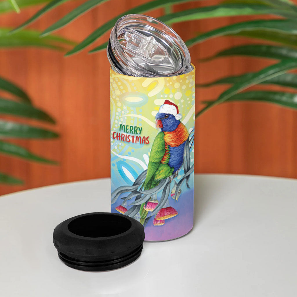 Rainbow Lorikeets Australia Christmas 4 in 1 Can Cooler Tumbler Eucalyptus Blossoms Aboriginal Art