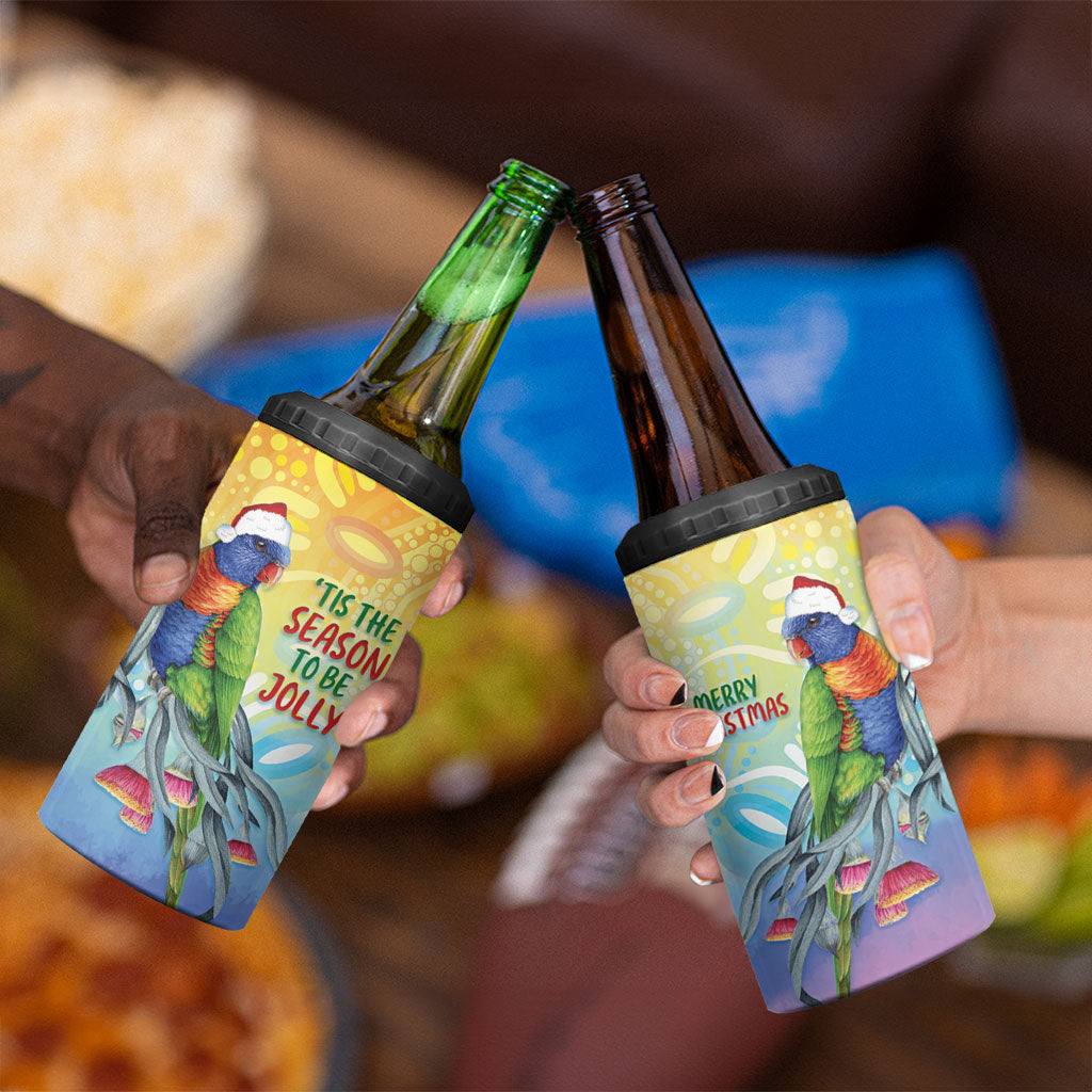 Rainbow Lorikeets Australia Christmas 4 in 1 Can Cooler Tumbler Eucalyptus Blossoms Aboriginal Art