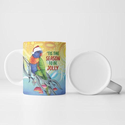 Rainbow Lorikeets Australia Christmas Ceramic Mug Eucalyptus Blossoms Aboriginal Art