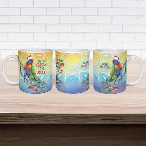 Rainbow Lorikeets Australia Christmas Ceramic Mug Eucalyptus Blossoms Aboriginal Art