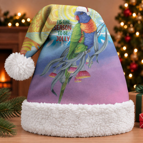Rainbow Lorikeets Australia Christmas Santa Hat Eucalyptus Blossoms Aboriginal Art