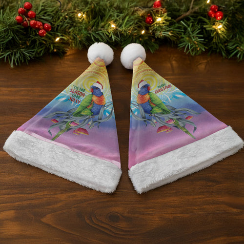 Rainbow Lorikeets Australia Christmas Santa Hat Eucalyptus Blossoms Aboriginal Art