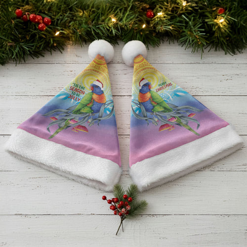 Rainbow Lorikeets Australia Christmas Santa Hat Eucalyptus Blossoms Aboriginal Art