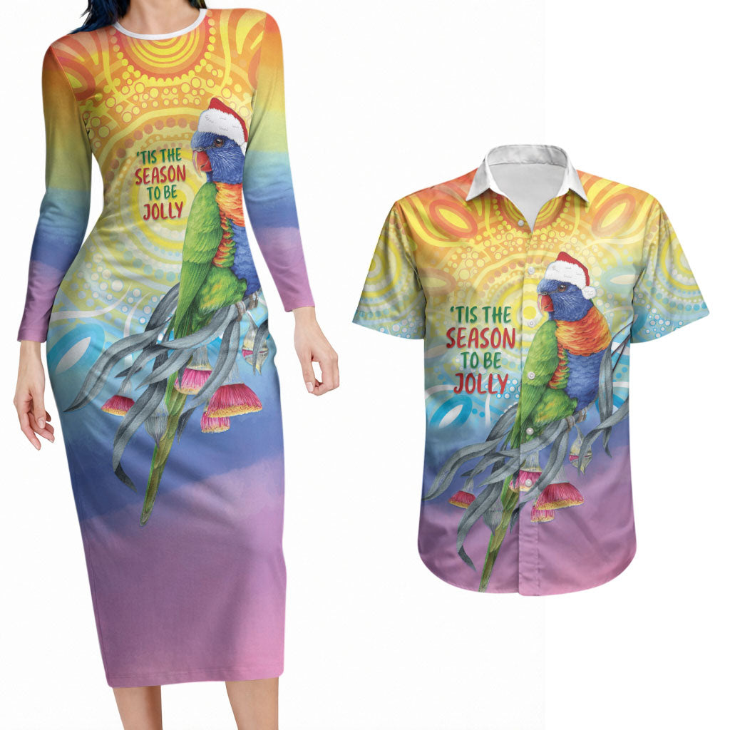 Rainbow Lorikeets Australia Christmas Couples Matching Long Sleeve Bodycon Dress and Hawaiian Shirt Eucalyptus Blossoms Aboriginal Art