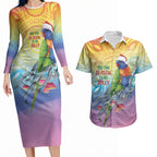 Rainbow Lorikeets Australia Christmas Couples Matching Long Sleeve Bodycon Dress and Hawaiian Shirt Eucalyptus Blossoms Aboriginal Art