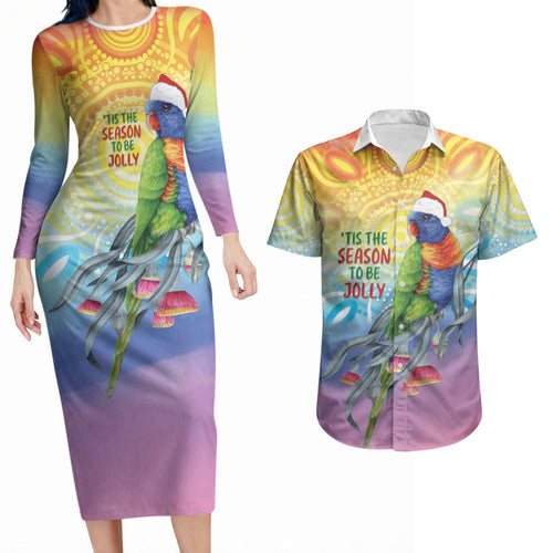 Rainbow Lorikeets Australia Christmas Couples Matching Long Sleeve Bodycon Dress and Hawaiian Shirt Eucalyptus Blossoms Aboriginal Art