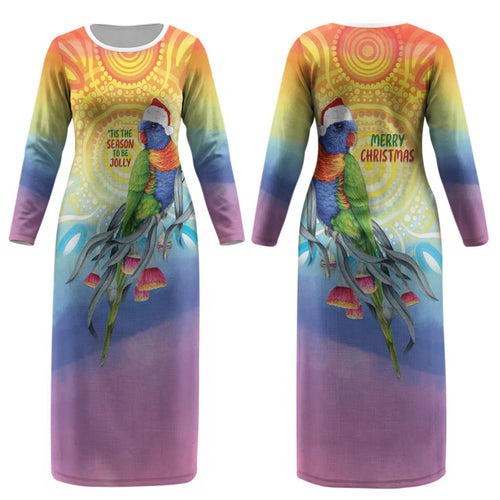 Rainbow Lorikeets Australia Christmas Couples Matching Long Sleeve Bodycon Dress and Hawaiian Shirt Eucalyptus Blossoms Aboriginal Art