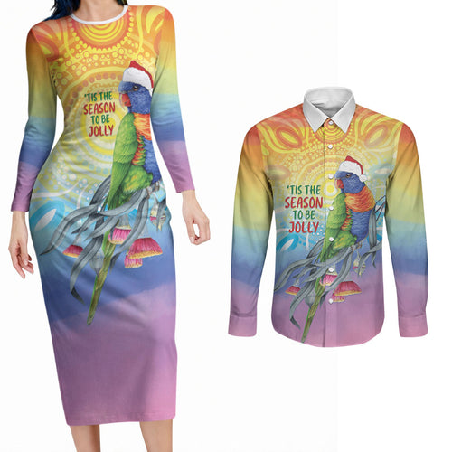 Rainbow Lorikeets Australia Christmas Couples Matching Long Sleeve Bodycon Dress and Long Sleeve Button Shirt Eucalyptus Blossoms Aboriginal Art
