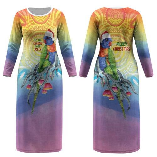 Rainbow Lorikeets Australia Christmas Couples Matching Long Sleeve Bodycon Dress and Long Sleeve Button Shirt Eucalyptus Blossoms Aboriginal Art
