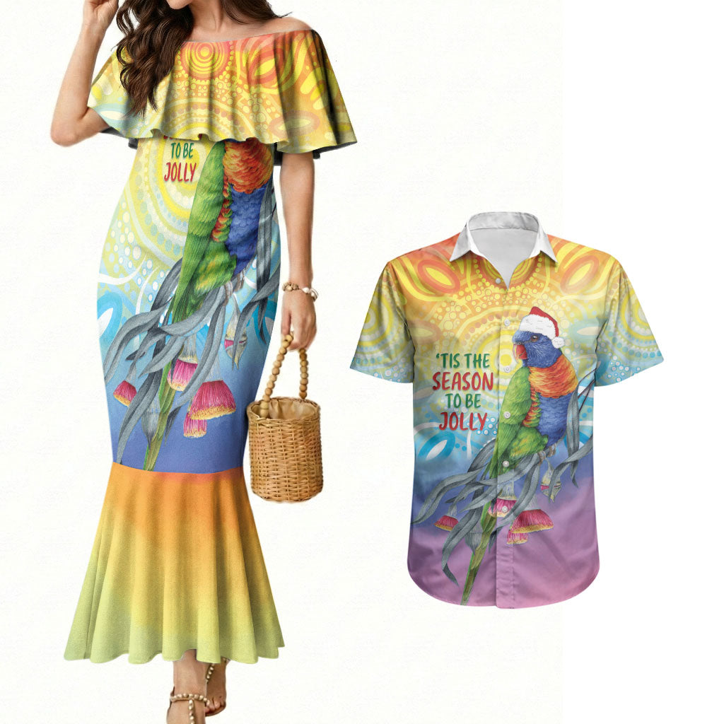 Rainbow Lorikeets Australia Christmas Couples Matching Mermaid Dress and Hawaiian Shirt Eucalyptus Blossoms Aboriginal Art