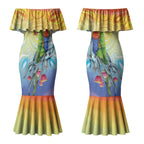 Rainbow Lorikeets Australia Christmas Couples Matching Mermaid Dress and Hawaiian Shirt Eucalyptus Blossoms Aboriginal Art