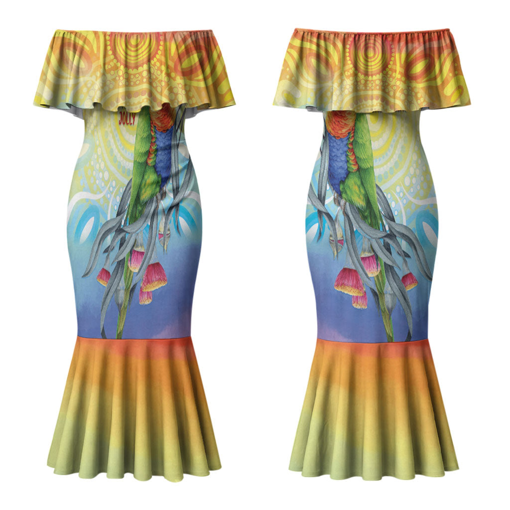 Rainbow Lorikeets Australia Christmas Couples Matching Mermaid Dress and Hawaiian Shirt Eucalyptus Blossoms Aboriginal Art