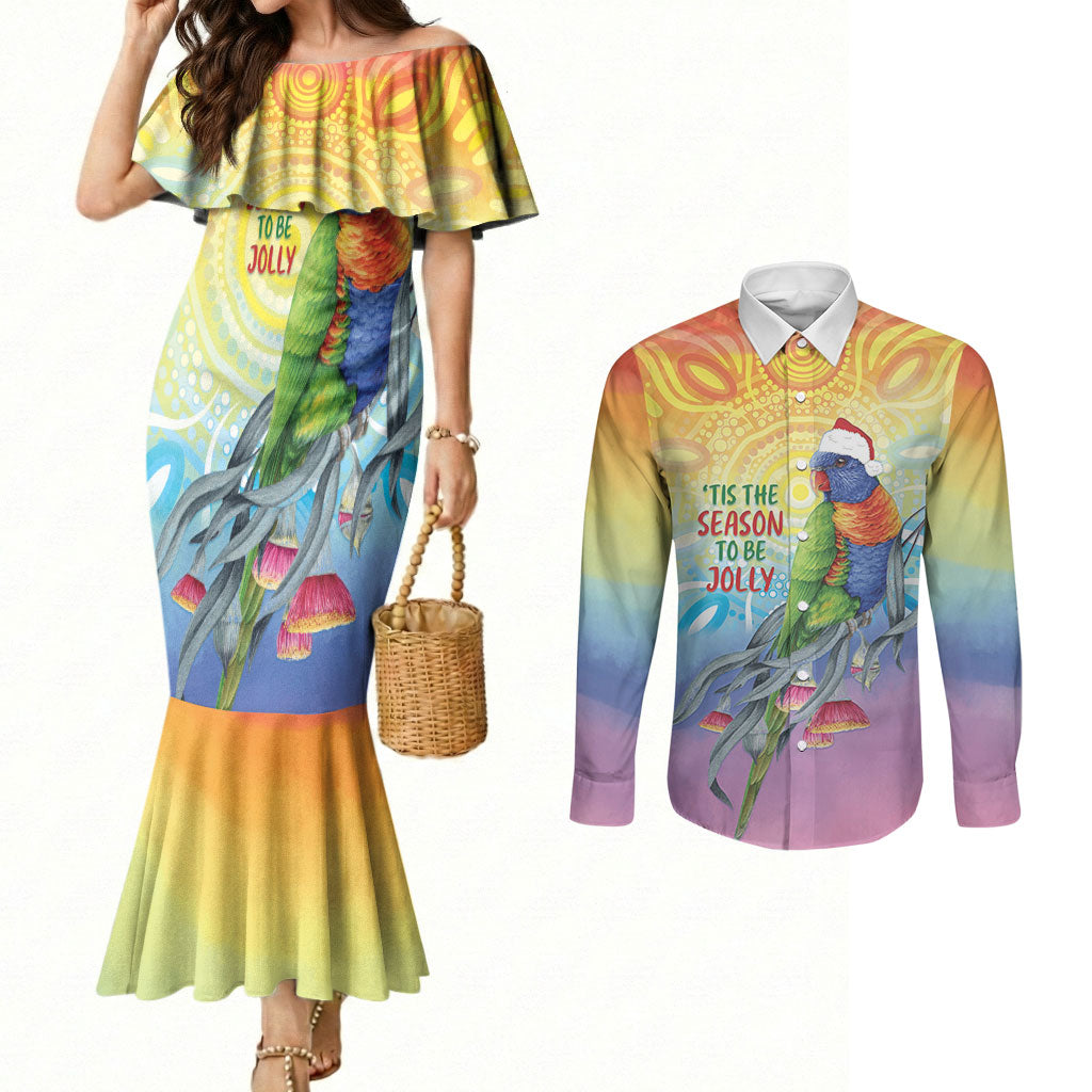 Rainbow Lorikeets Australia Christmas Couples Matching Mermaid Dress and Long Sleeve Button Shirt Eucalyptus Blossoms Aboriginal Art