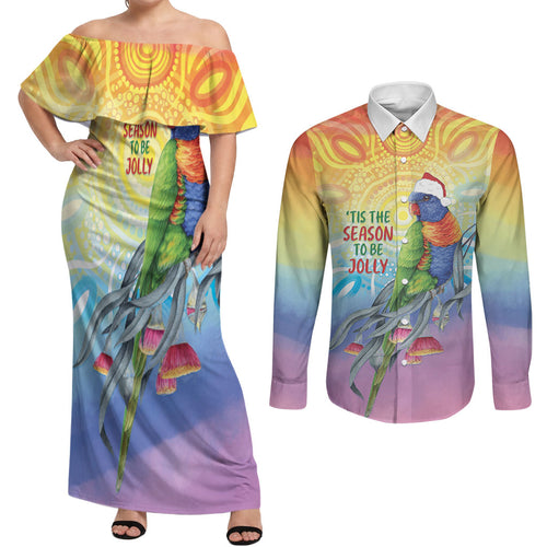 Rainbow Lorikeets Australia Christmas Couples Matching Off Shoulder Maxi Dress and Long Sleeve Button Shirt Eucalyptus Blossoms Aboriginal Art
