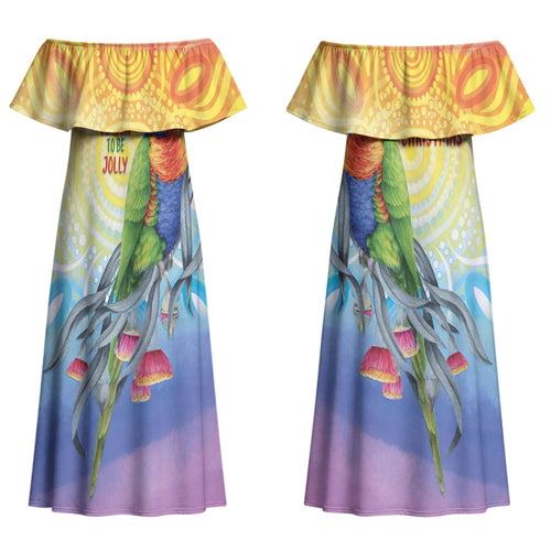 Rainbow Lorikeets Australia Christmas Couples Matching Off Shoulder Maxi Dress and Long Sleeve Button Shirt Eucalyptus Blossoms Aboriginal Art