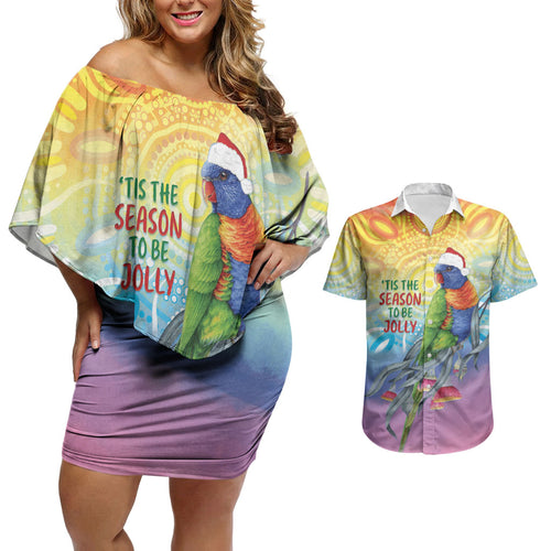 Rainbow Lorikeets Australia Christmas Couples Matching Off Shoulder Short Dress and Hawaiian Shirt Eucalyptus Blossoms Aboriginal Art