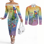 Rainbow Lorikeets Australia Christmas Couples Matching Off The Shoulder Long Sleeve Dress and Long Sleeve Button Shirt Eucalyptus Blossoms Aboriginal Art