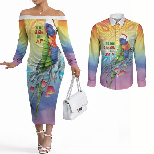 Rainbow Lorikeets Australia Christmas Couples Matching Off The Shoulder Long Sleeve Dress and Long Sleeve Button Shirt Eucalyptus Blossoms Aboriginal Art
