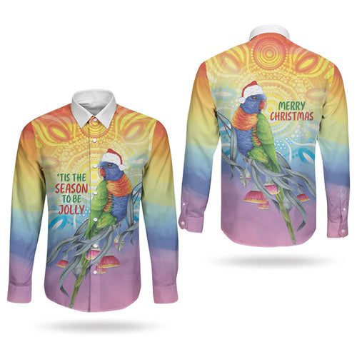 Rainbow Lorikeets Australia Christmas Couples Matching Off The Shoulder Long Sleeve Dress and Long Sleeve Button Shirt Eucalyptus Blossoms Aboriginal Art
