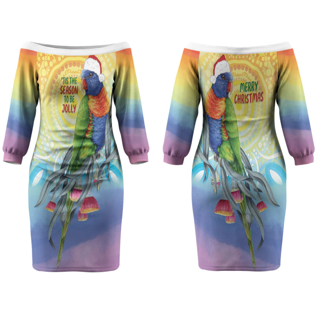 Rainbow Lorikeets Australia Christmas Couples Matching Off The Shoulder Long Sleeve Dress and Long Sleeve Button Shirt Eucalyptus Blossoms Aboriginal Art