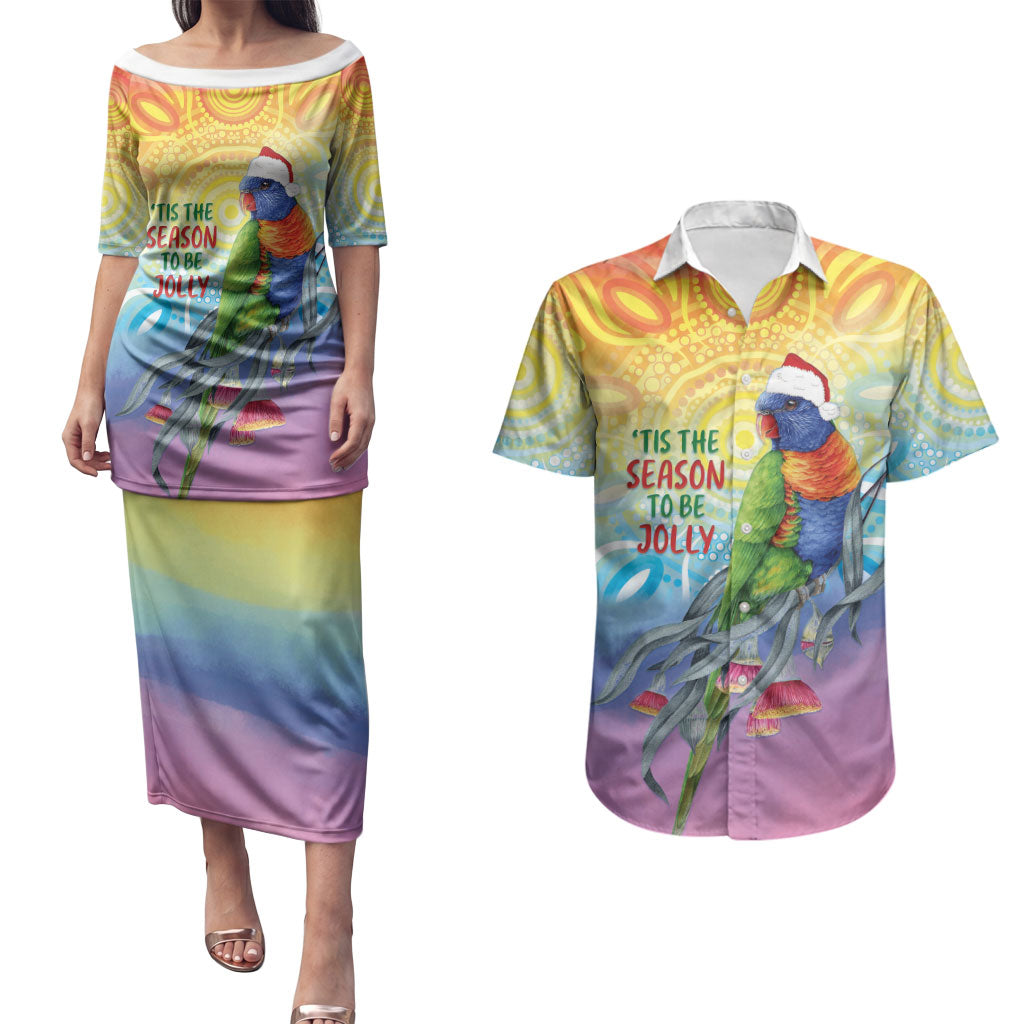 Rainbow Lorikeets Australia Christmas Couples Matching Puletasi and Hawaiian Shirt Eucalyptus Blossoms Aboriginal Art