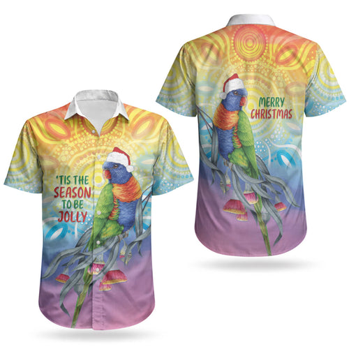 Rainbow Lorikeets Australia Christmas Couples Matching Puletasi and Hawaiian Shirt Eucalyptus Blossoms Aboriginal Art
