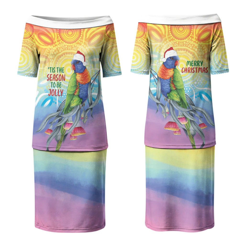 Rainbow Lorikeets Australia Christmas Couples Matching Puletasi and Hawaiian Shirt Eucalyptus Blossoms Aboriginal Art