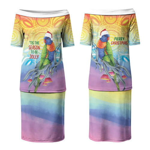 Rainbow Lorikeets Australia Christmas Couples Matching Puletasi and Hawaiian Shirt Eucalyptus Blossoms Aboriginal Art