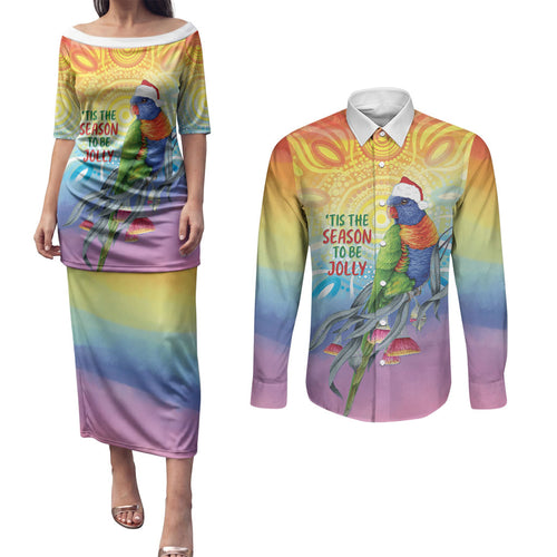 Rainbow Lorikeets Australia Christmas Couples Matching Puletasi and Long Sleeve Button Shirt Eucalyptus Blossoms Aboriginal Art