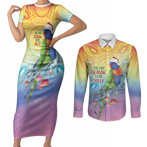 Rainbow Lorikeets Australia Christmas Couples Matching Short Sleeve Bodycon Dress and Long Sleeve Button Shirt Eucalyptus Blossoms Aboriginal Art