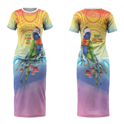 Rainbow Lorikeets Australia Christmas Couples Matching Short Sleeve Bodycon Dress and Long Sleeve Button Shirt Eucalyptus Blossoms Aboriginal Art