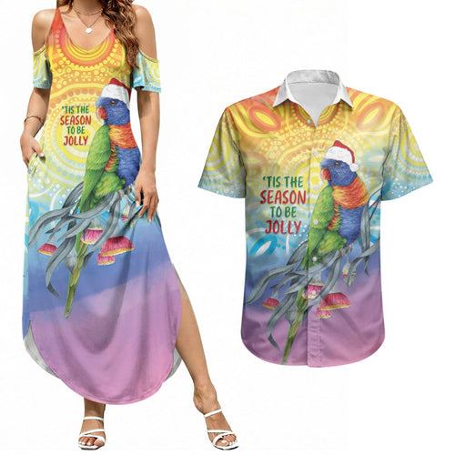 Rainbow Lorikeets Australia Christmas Couples Matching Summer Maxi Dress and Hawaiian Shirt Eucalyptus Blossoms Aboriginal Art