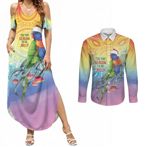 Rainbow Lorikeets Australia Christmas Couples Matching Summer Maxi Dress and Long Sleeve Button Shirt Eucalyptus Blossoms Aboriginal Art