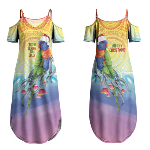 Rainbow Lorikeets Australia Christmas Couples Matching Summer Maxi Dress and Long Sleeve Button Shirt Eucalyptus Blossoms Aboriginal Art