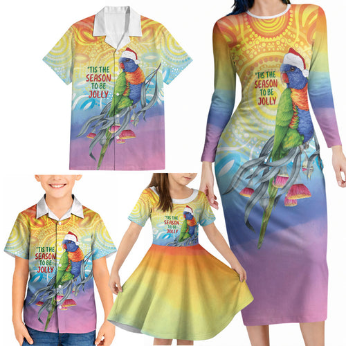Rainbow Lorikeets Australia Christmas Family Matching Long Sleeve Bodycon Dress and Hawaiian Shirt Eucalyptus Blossoms Aboriginal Art