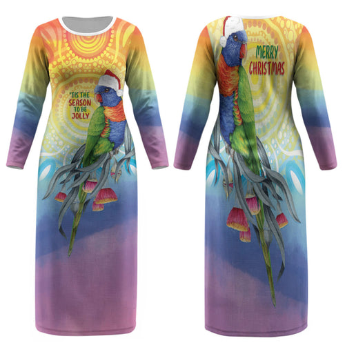 Rainbow Lorikeets Australia Christmas Family Matching Long Sleeve Bodycon Dress and Hawaiian Shirt Eucalyptus Blossoms Aboriginal Art